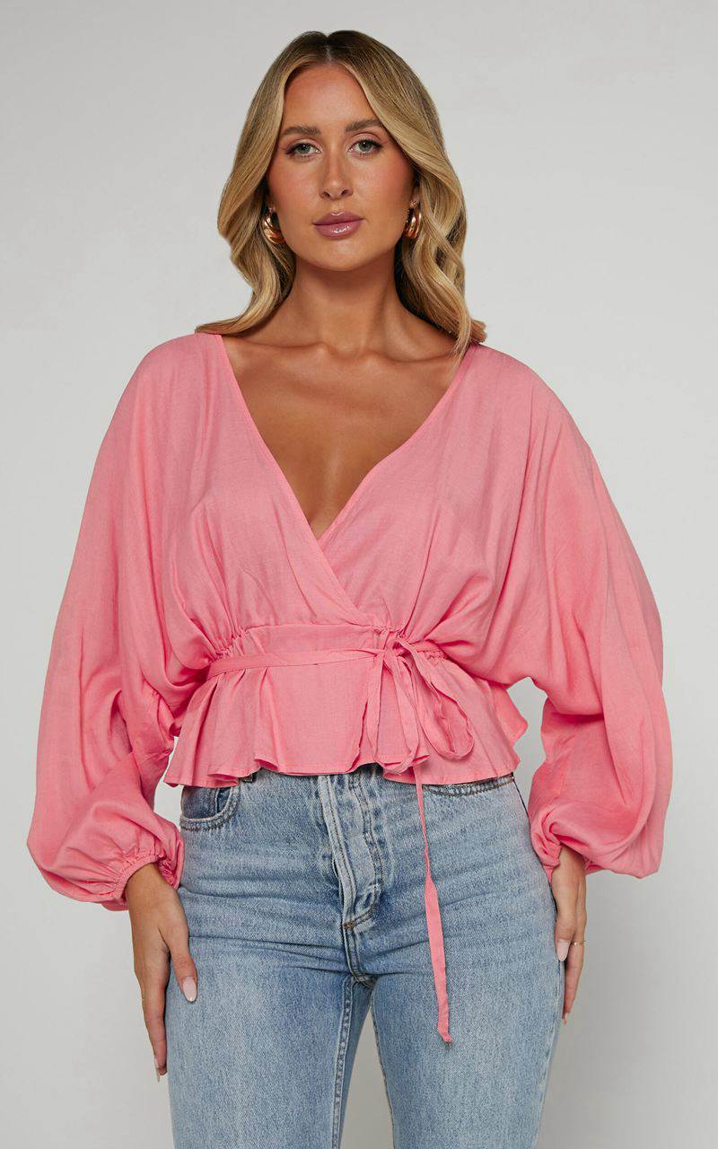 Showpo Selena Top - Linen Look V Neck Wrap Long Blouson Sleeve Peach | ADHSTZ265