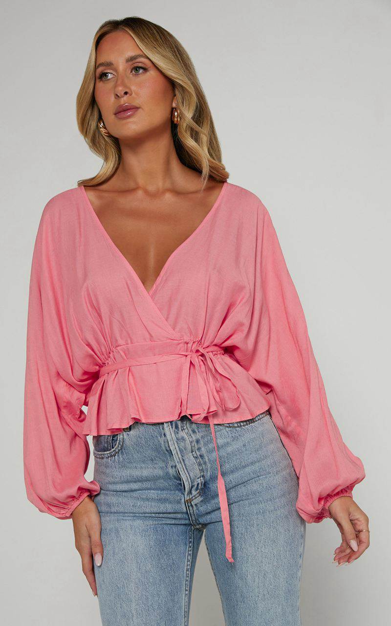 Showpo Selena Top - Linen Look V Neck Wrap Long Blouson Sleeve Peach | ADHSTZ265