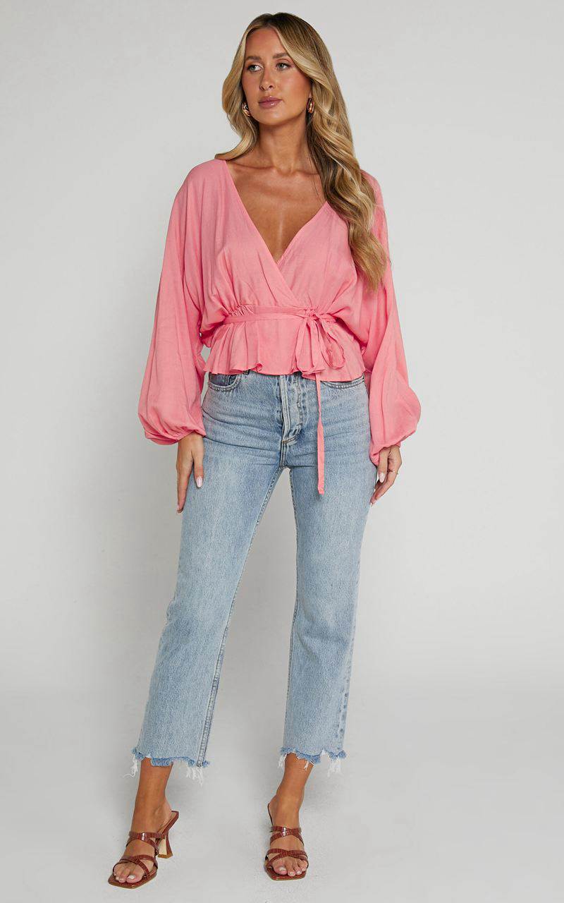 Showpo Selena Top - Linen Look V Neck Wrap Long Blouson Sleeve Peach | ADHSTZ265