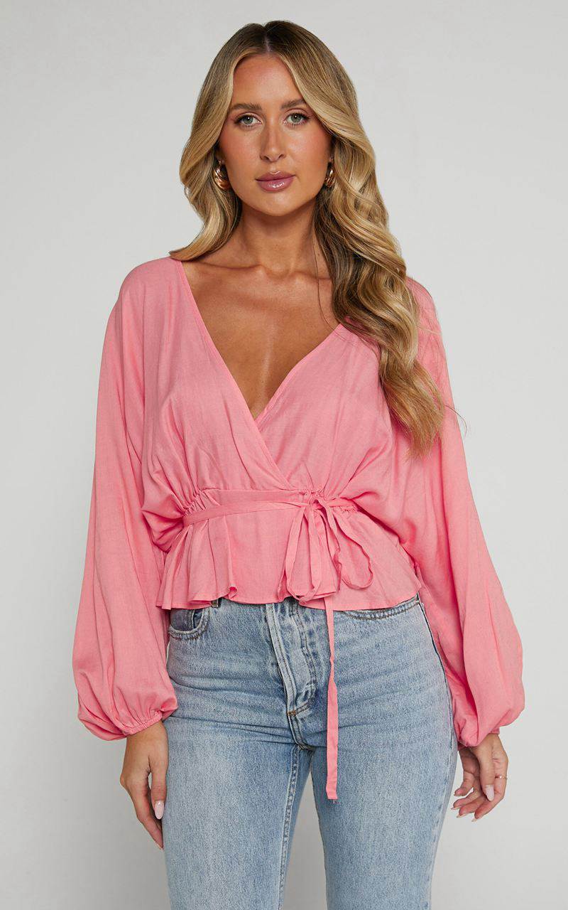 Showpo Selena Top - Linen Look V Neck Wrap Long Blouson Sleeve Peach | ADHSTZ265