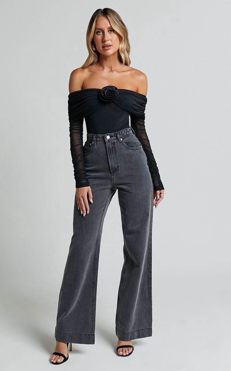 Showpo Seraphina Bodysuit - Off Shoulder Long Sleeve Detachable Rosette Mesh Bodysuit Black | WKEUQB283