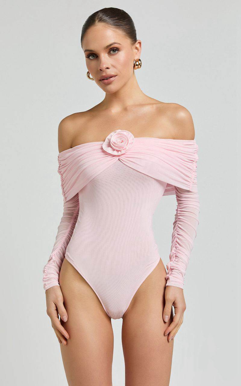 Showpo Seraphina Bodysuit - Off Shoulder Long Sleeve Detachable Rosette Mesh Bodysuit Baby Pink | SRCZMJ781