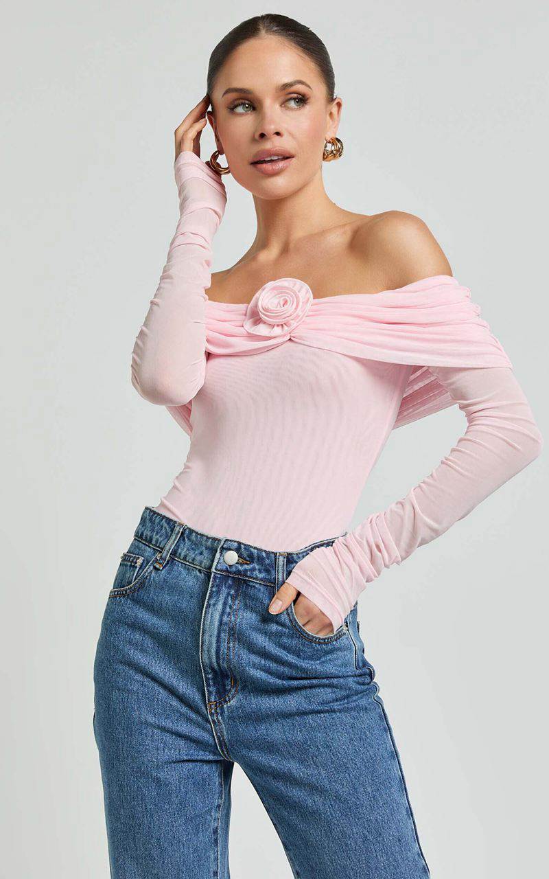 Showpo Seraphina Bodysuit - Off Shoulder Long Sleeve Detachable Rosette Mesh Bodysuit Baby Pink | SRCZMJ781