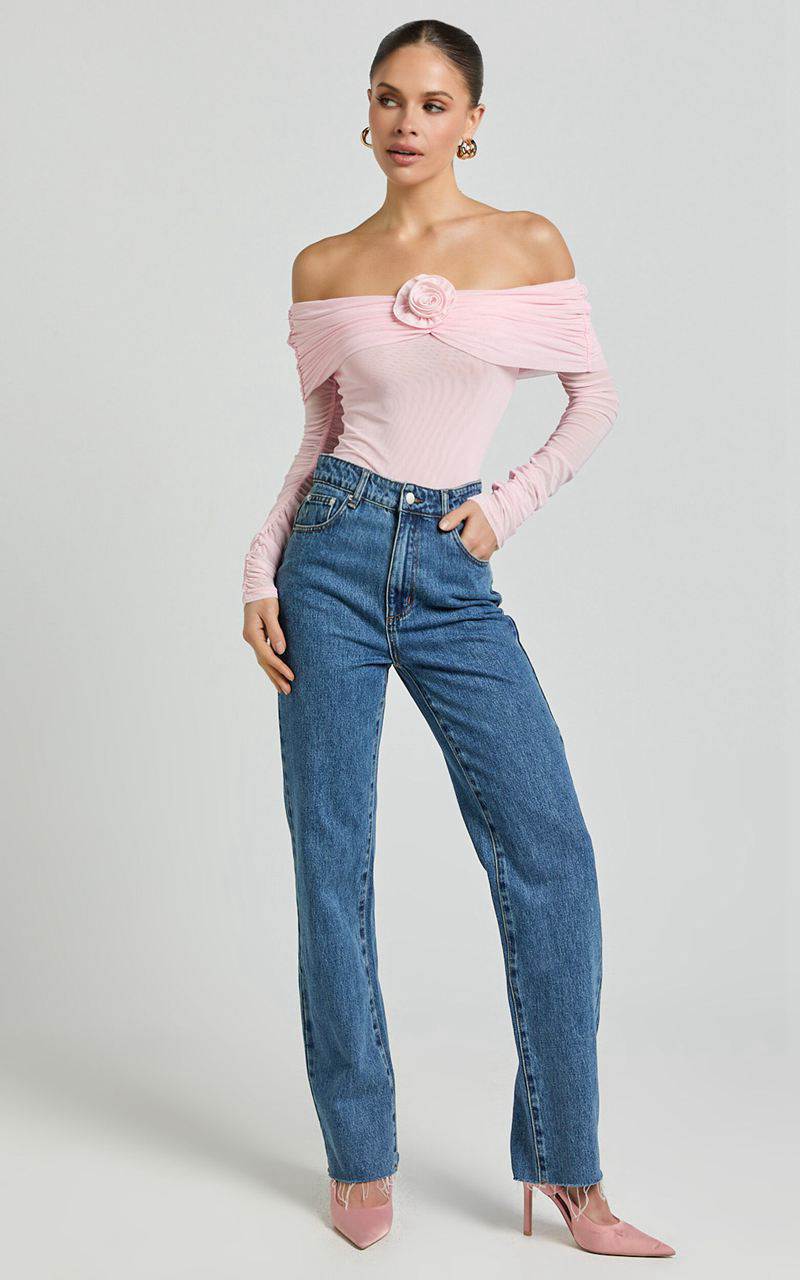 Showpo Seraphina Bodysuit - Off Shoulder Long Sleeve Detachable Rosette Mesh Bodysuit Baby Pink | SRCZMJ781