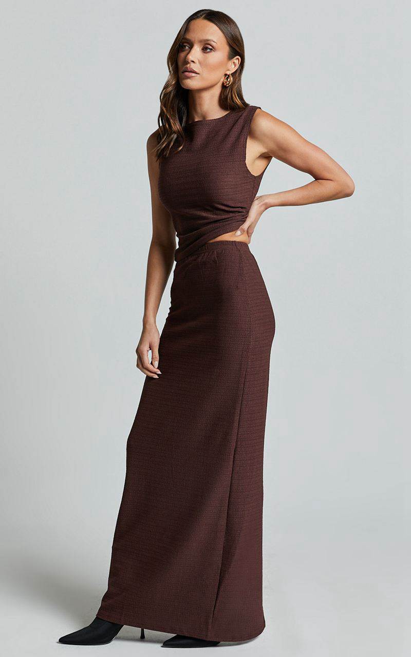 Showpo Serena Two Piece Set - High Neck Top And Midi Skirt Chocolate | THCMQU508