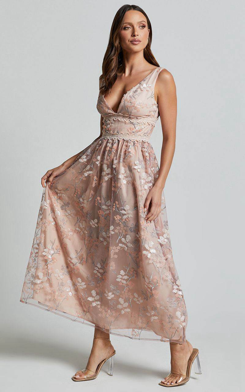 Showpo Seychelles Midi Dress - Plunge Embroidery 3d Floral Lace Dress Light Pink | FCIAOR967