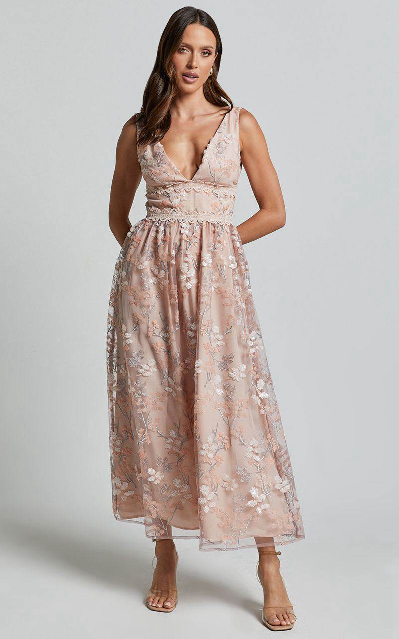 Showpo Seychelles Midi Dress - Plunge Embroidery 3d Floral Lace Dress Light Pink | FCIAOR967