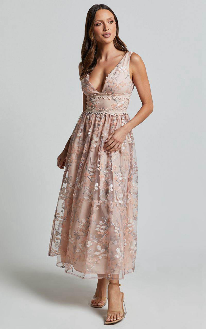 Showpo Seychelles Midi Dress - Plunge Embroidery 3d Floral Lace Dress Light Pink | FCIAOR967