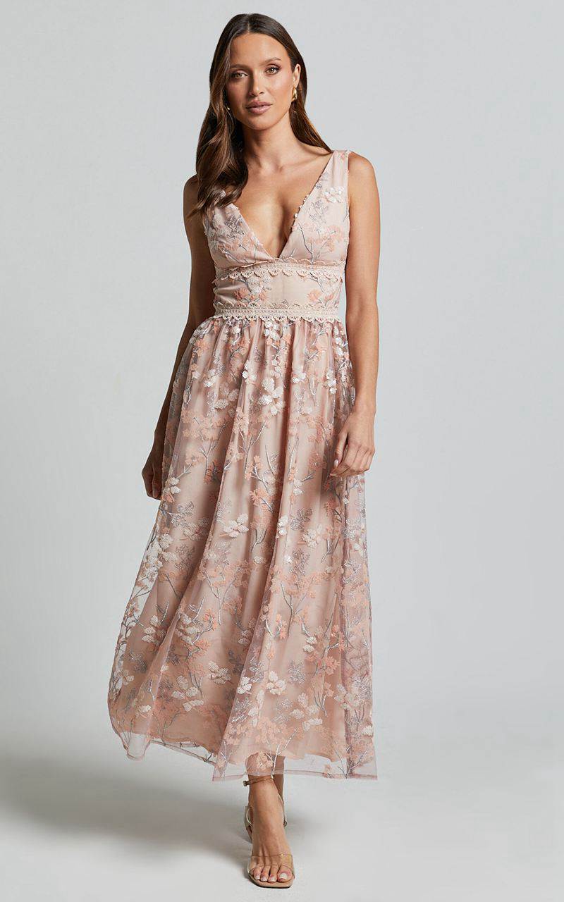 Showpo Seychelles Midi Dress - Plunge Embroidery 3d Floral Lace Dress Light Pink | FCIAOR967