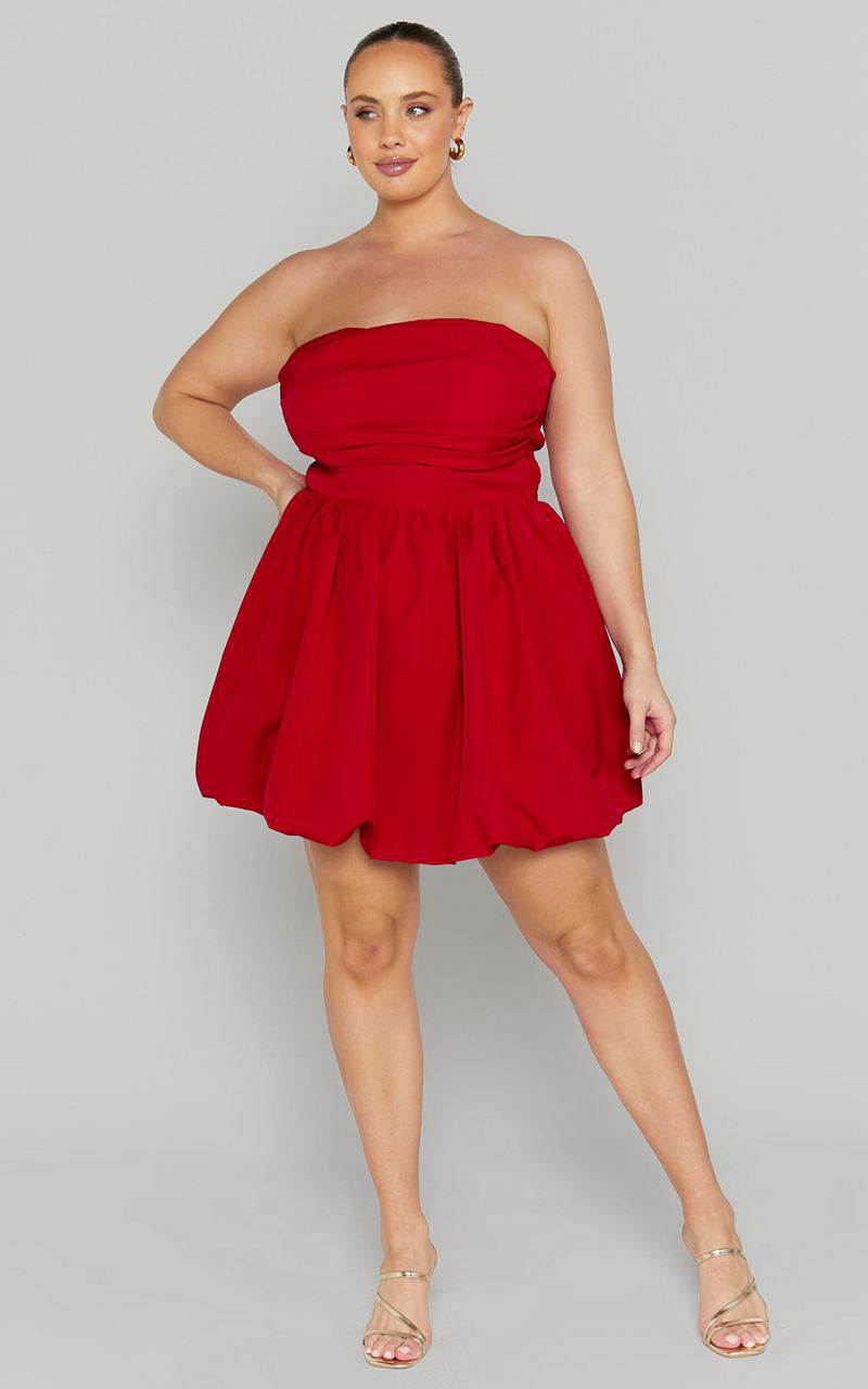 Showpo Shaima Mini Dress - Strapless Bubble Hem Dress Red | UKPWYS308