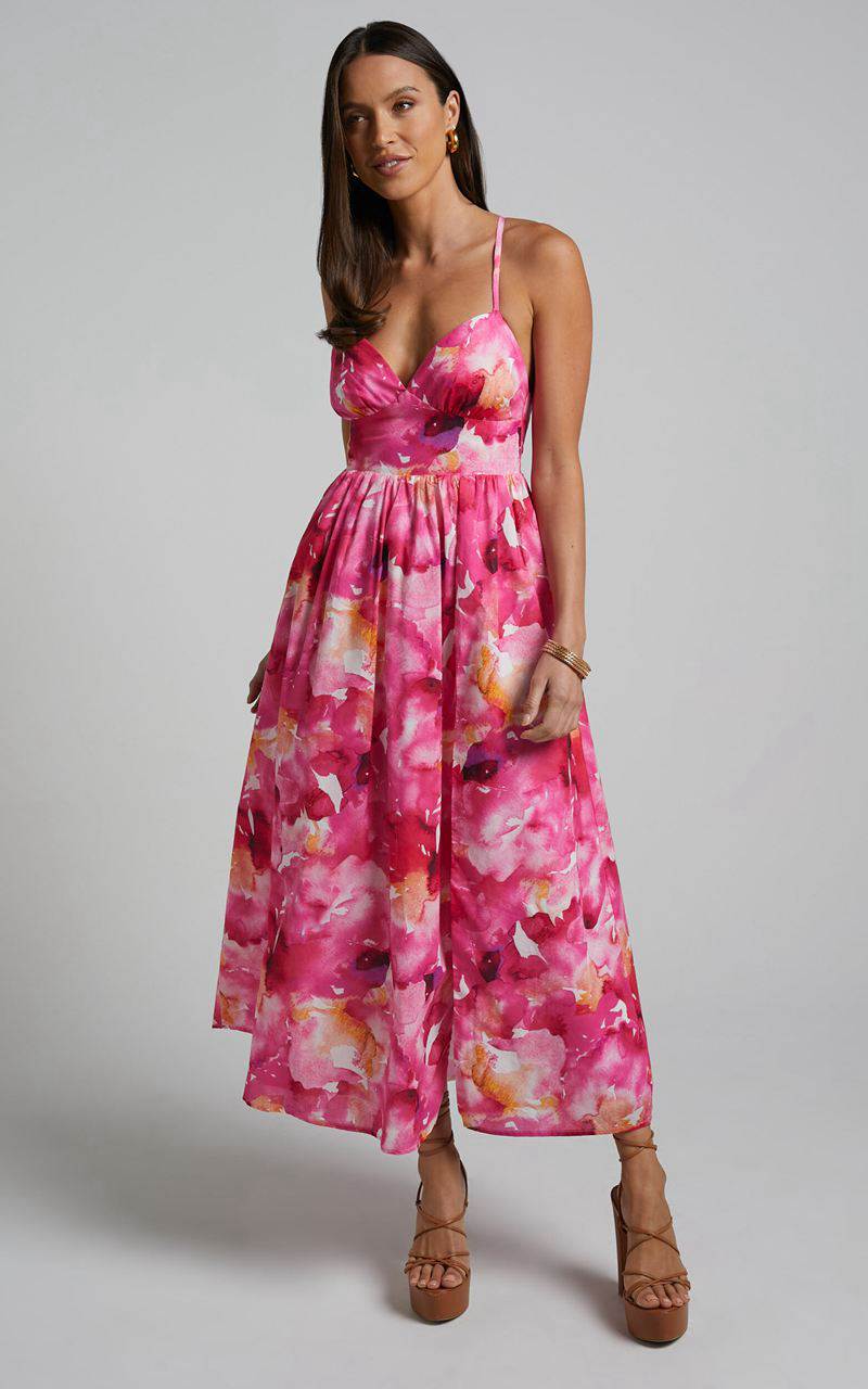 Showpo Shairah Midi Dress - Cross Back Gathered Sweetheart Dress Watercolour Bloom | EKBGXM157