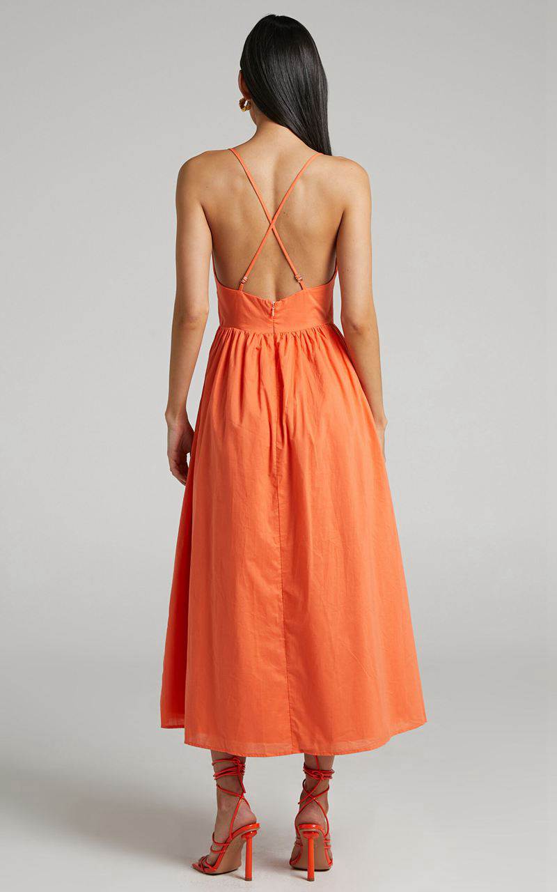 Showpo Shairah Midi Dress - Cross Back Gathered Sweetheart Dress Orange | QGJROY651