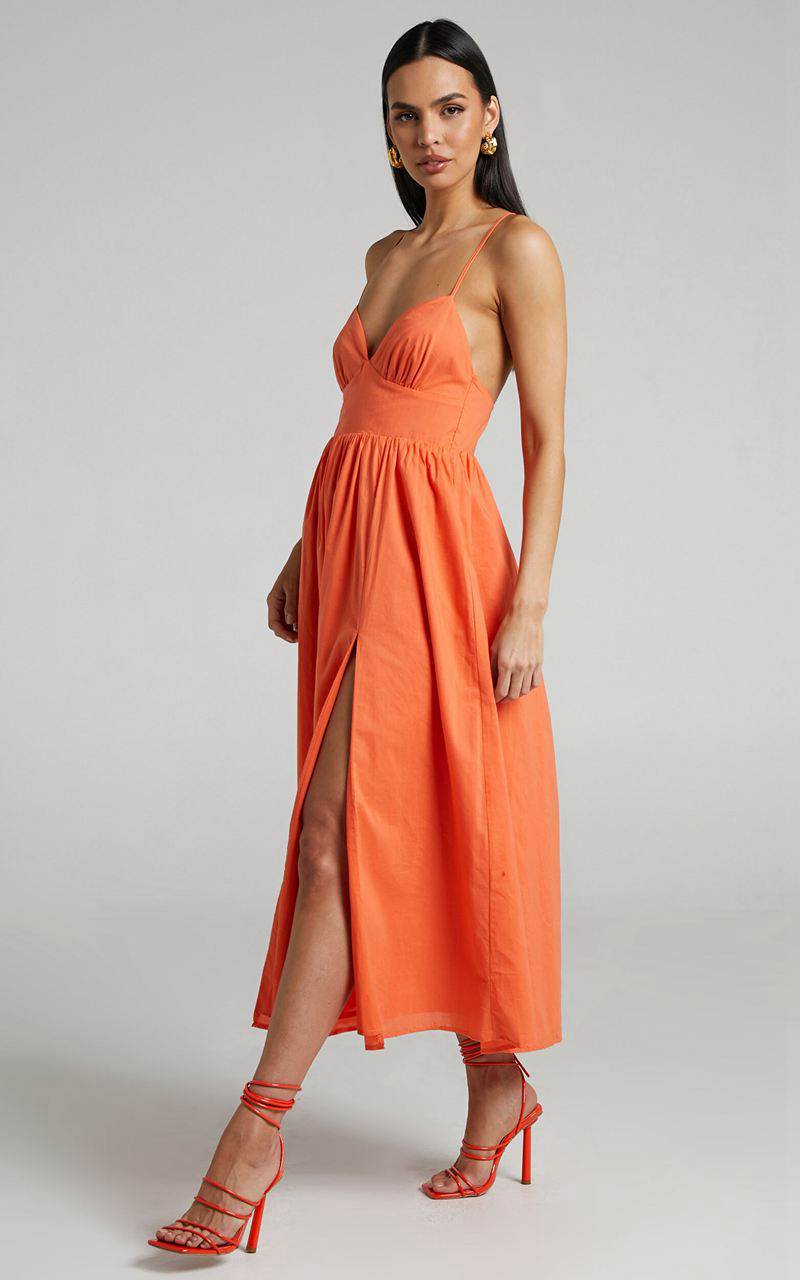 Showpo Shairah Midi Dress - Cross Back Gathered Sweetheart Dress Orange | QGJROY651