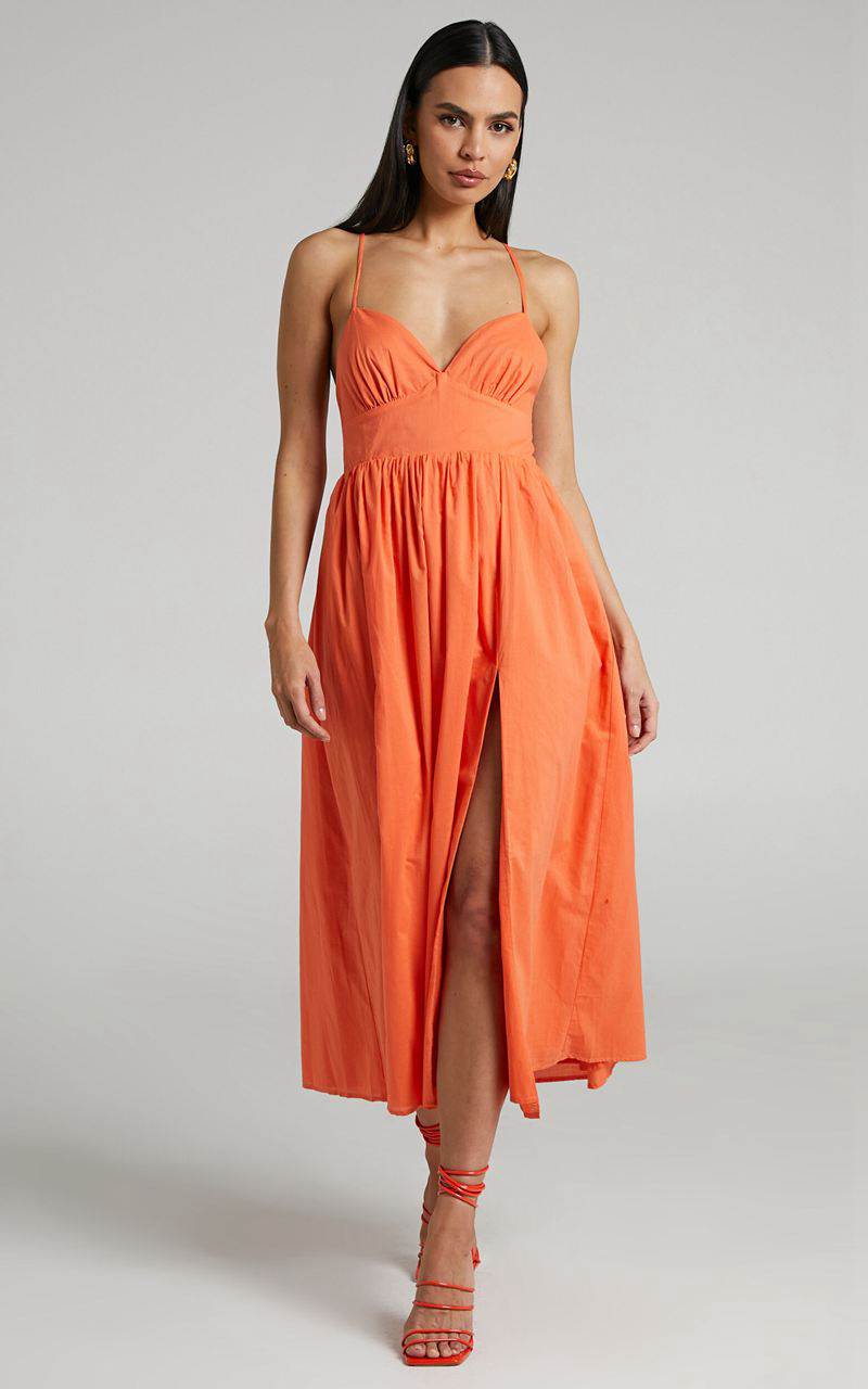 Showpo Shairah Midi Dress - Cross Back Gathered Sweetheart Dress Orange | QGJROY651