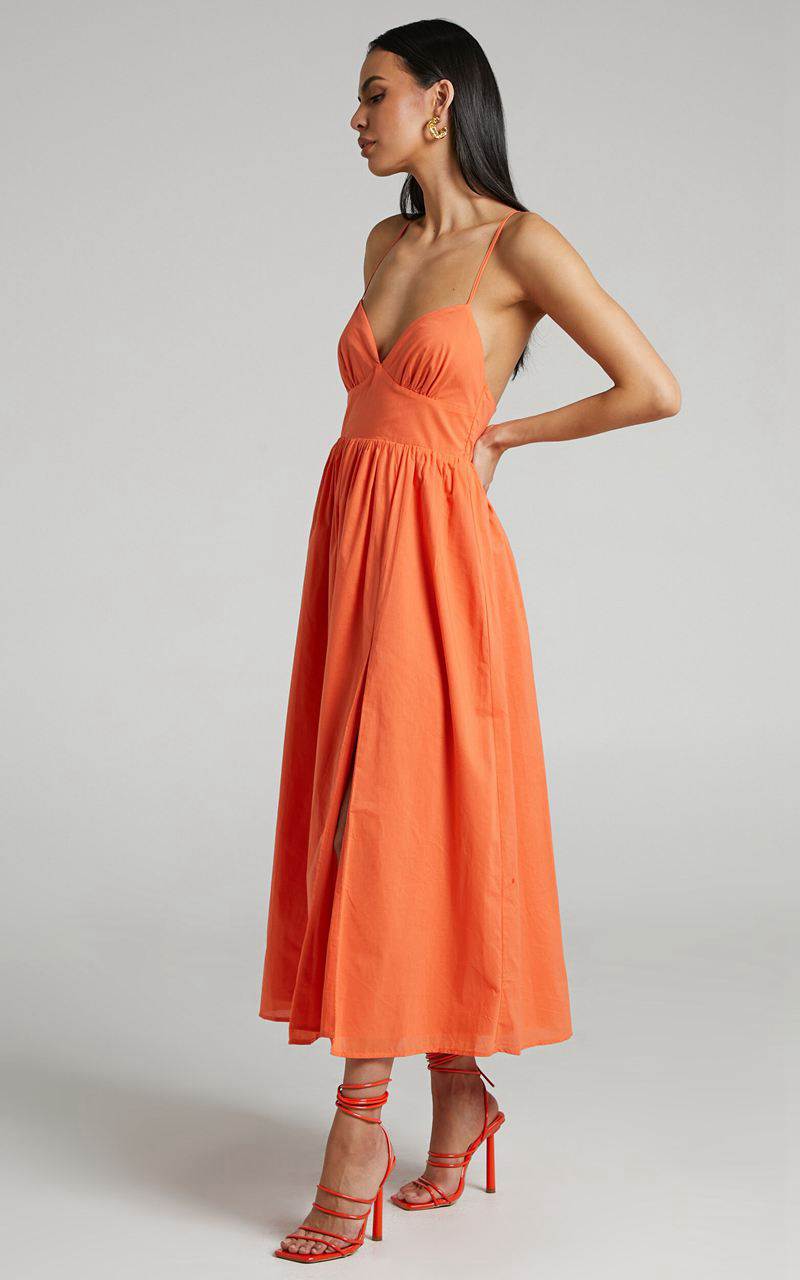 Showpo Shairah Midi Dress - Cross Back Gathered Sweetheart Dress Orange | QGJROY651