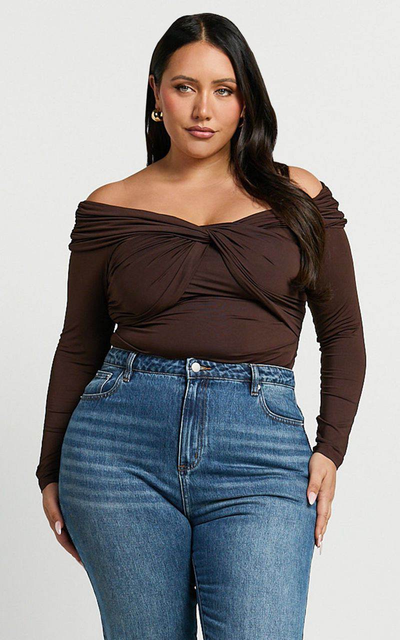 Showpo Shamaira Bodysuit - Twist Front Off Shoulder Long Sleeve Brown | YFNPVL092