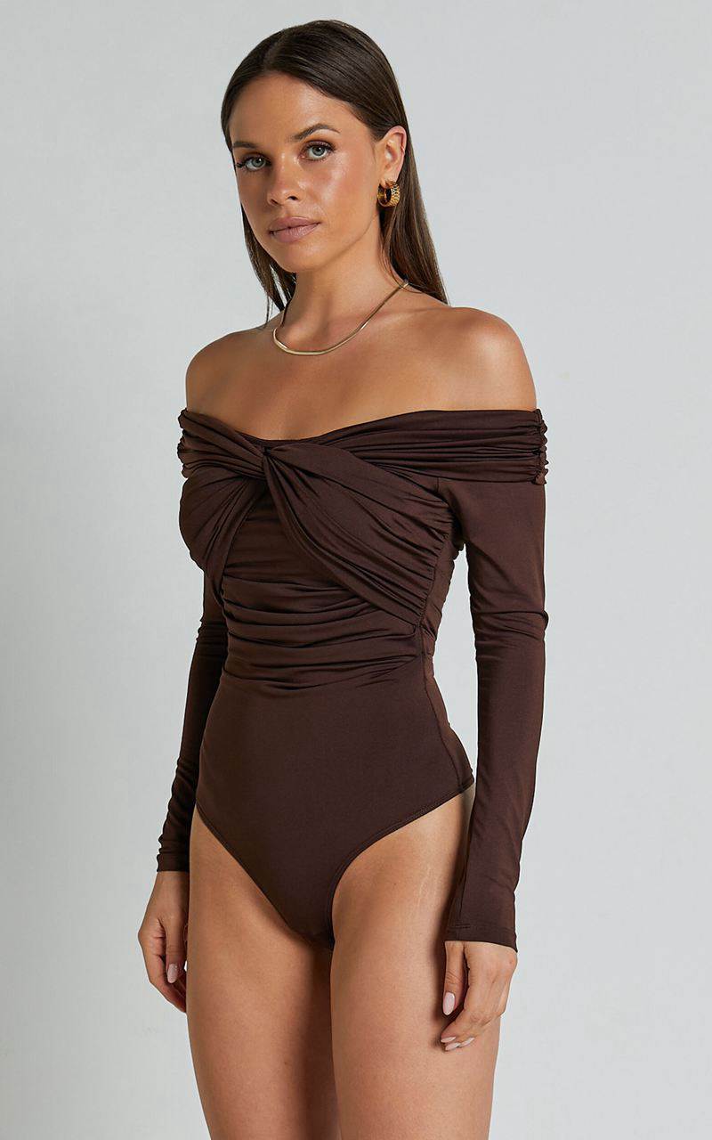 Showpo Shamaira Bodysuit - Twist Front Off Shoulder Long Sleeve Brown | YFNPVL092