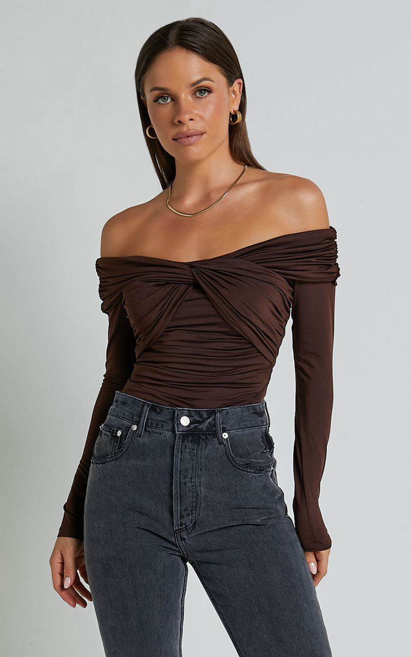 Showpo Shamaira Bodysuit - Twist Front Off Shoulder Long Sleeve Brown | YFNPVL092