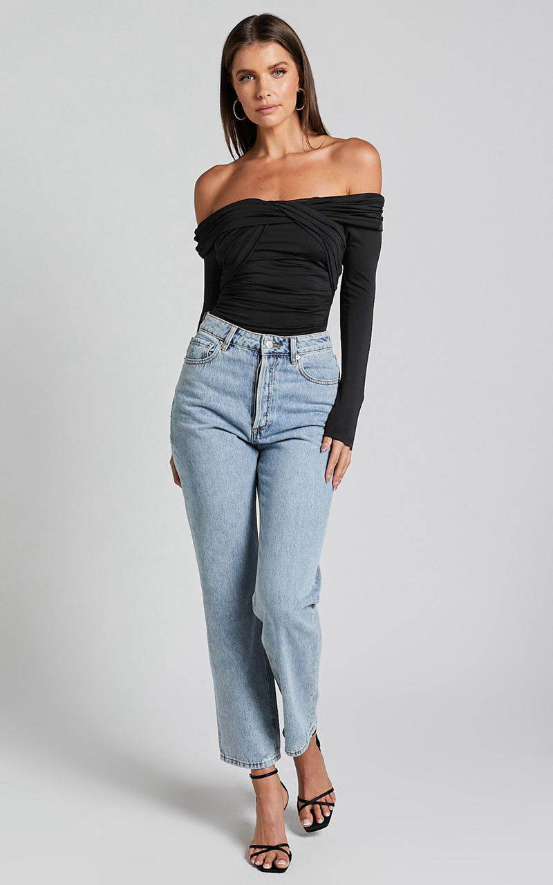 Showpo Shamaira Bodysuit - Twist Front Off Shoulder Long Sleeve Black | GEURWF109