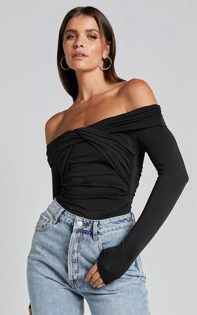 Showpo Shamaira Bodysuit - Twist Front Off Shoulder Long Sleeve Black | GEURWF109