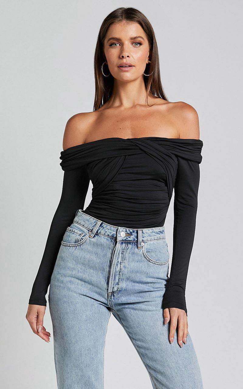 Showpo Shamaira Bodysuit - Twist Front Off Shoulder Long Sleeve Black | GEURWF109