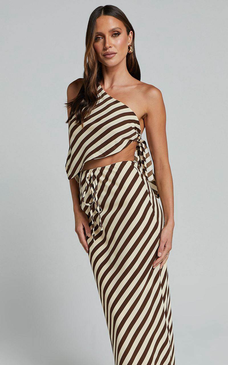 Showpo Shandy Two Piece Set - One Shoulder Side Tie Asymmetrical Top And Slip Skirt Set Chocolate Stripe | EJHWDR682