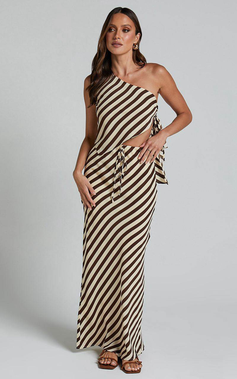 Showpo Shandy Two Piece Set - One Shoulder Side Tie Asymmetrical Top And Slip Skirt Set Chocolate Stripe | EJHWDR682