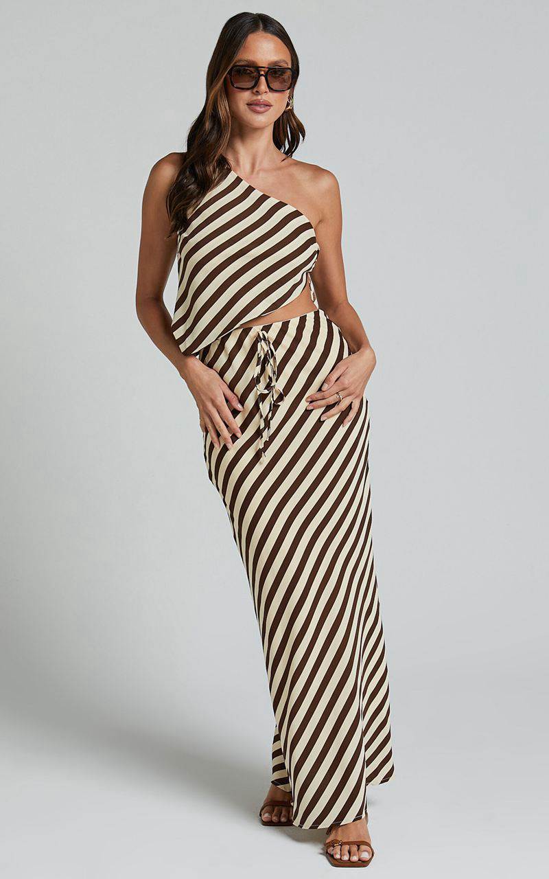 Showpo Shandy Two Piece Set - One Shoulder Side Tie Asymmetrical Top And Slip Skirt Set Chocolate Stripe | EJHWDR682