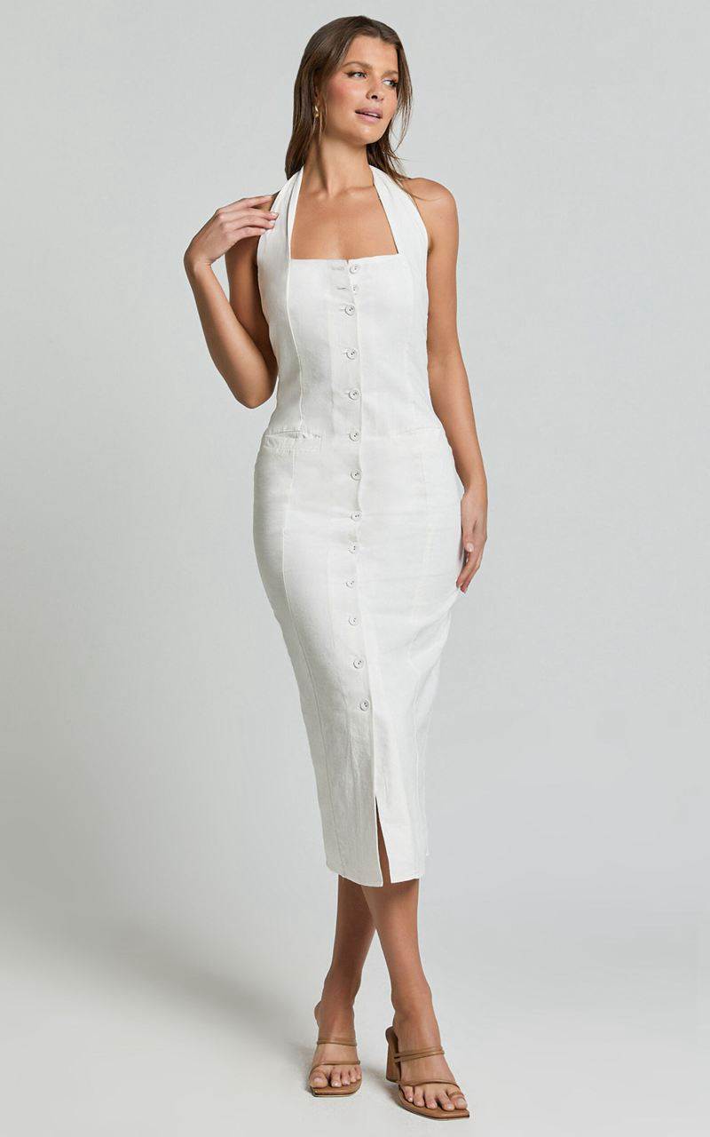 Showpo Shane Midi Dress - Button Through Halter Slip Dress White | DCXKPW586