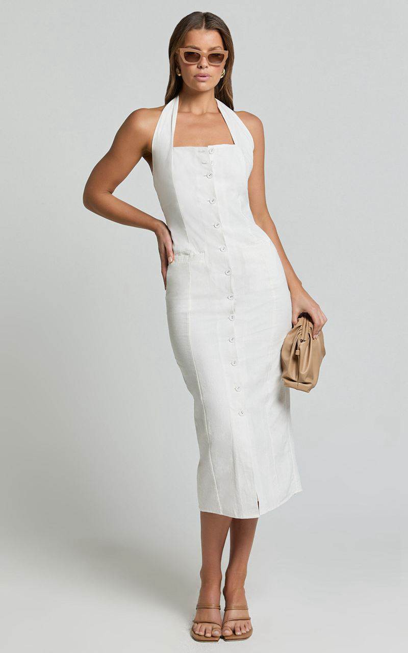 Showpo Shane Midi Dress - Button Through Halter Slip Dress White | DCXKPW586