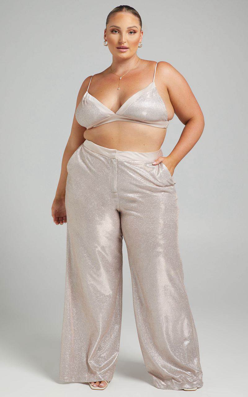 Showpo Sharleez Pants - Glitter High Waisted Tailored Wide Leg Pants Rose Gold | STPNQK064