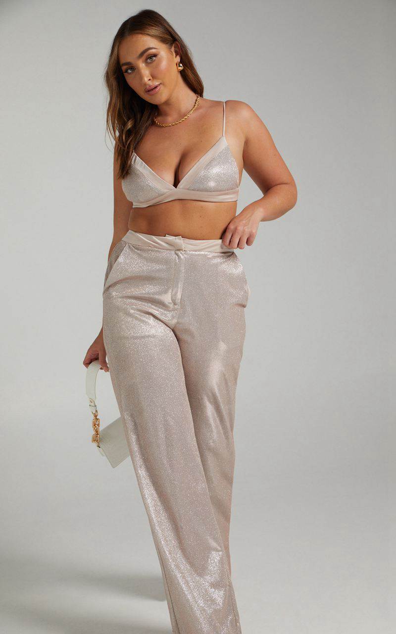 Showpo Sharleez Pants - Glitter High Waisted Tailored Wide Leg Pants Rose Gold | STPNQK064