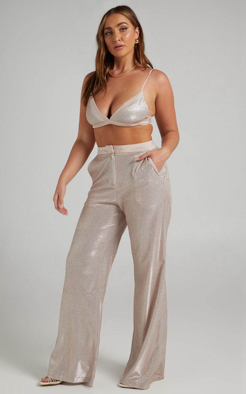 Showpo Sharleez Pants - Glitter High Waisted Tailored Wide Leg Pants Rose Gold | STPNQK064