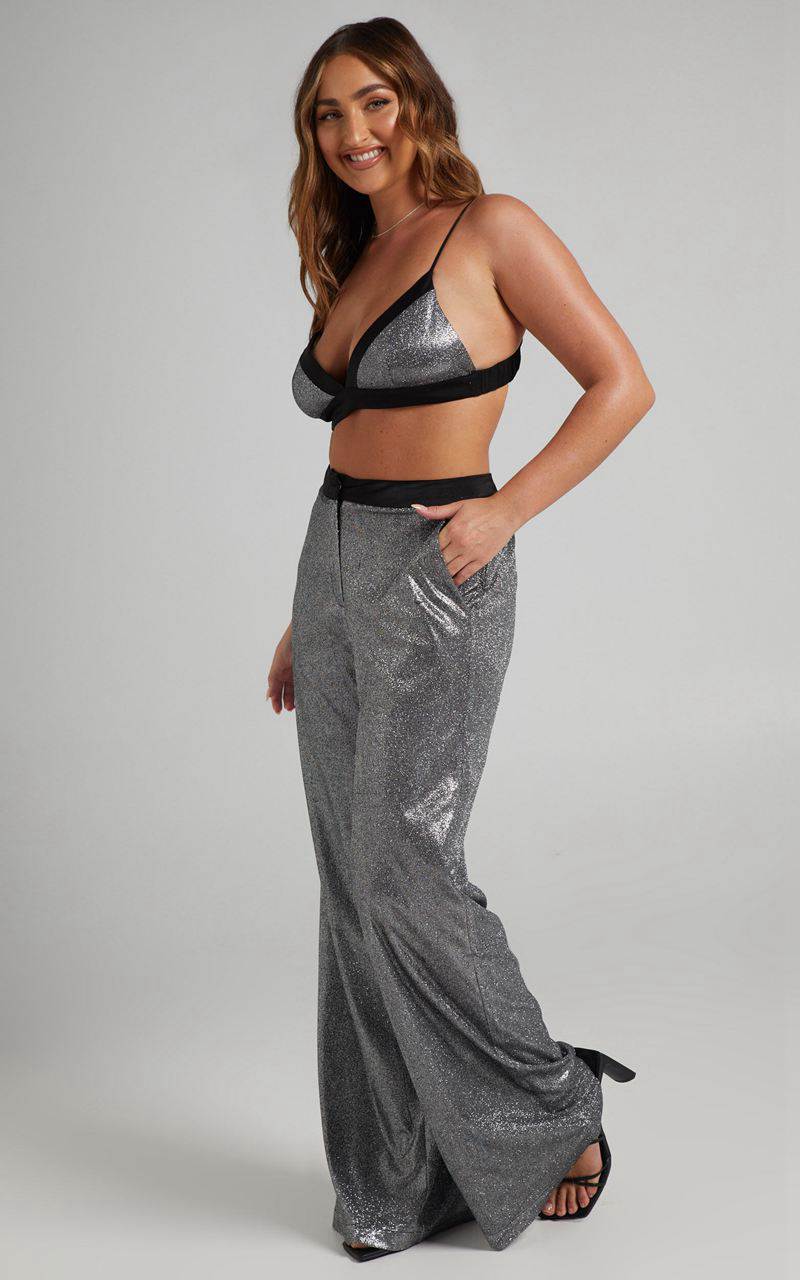 Showpo Sharleez Pants - Glitter High Waisted Tailored Wide Leg Pants Metallic | LWTYKC618