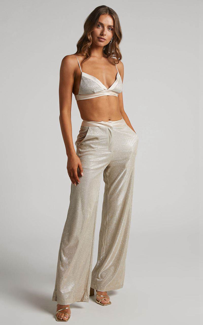 Showpo Sharleez Pants - Glitter High Waisted Tailored Wide Leg Pants Gold | CABJZW785