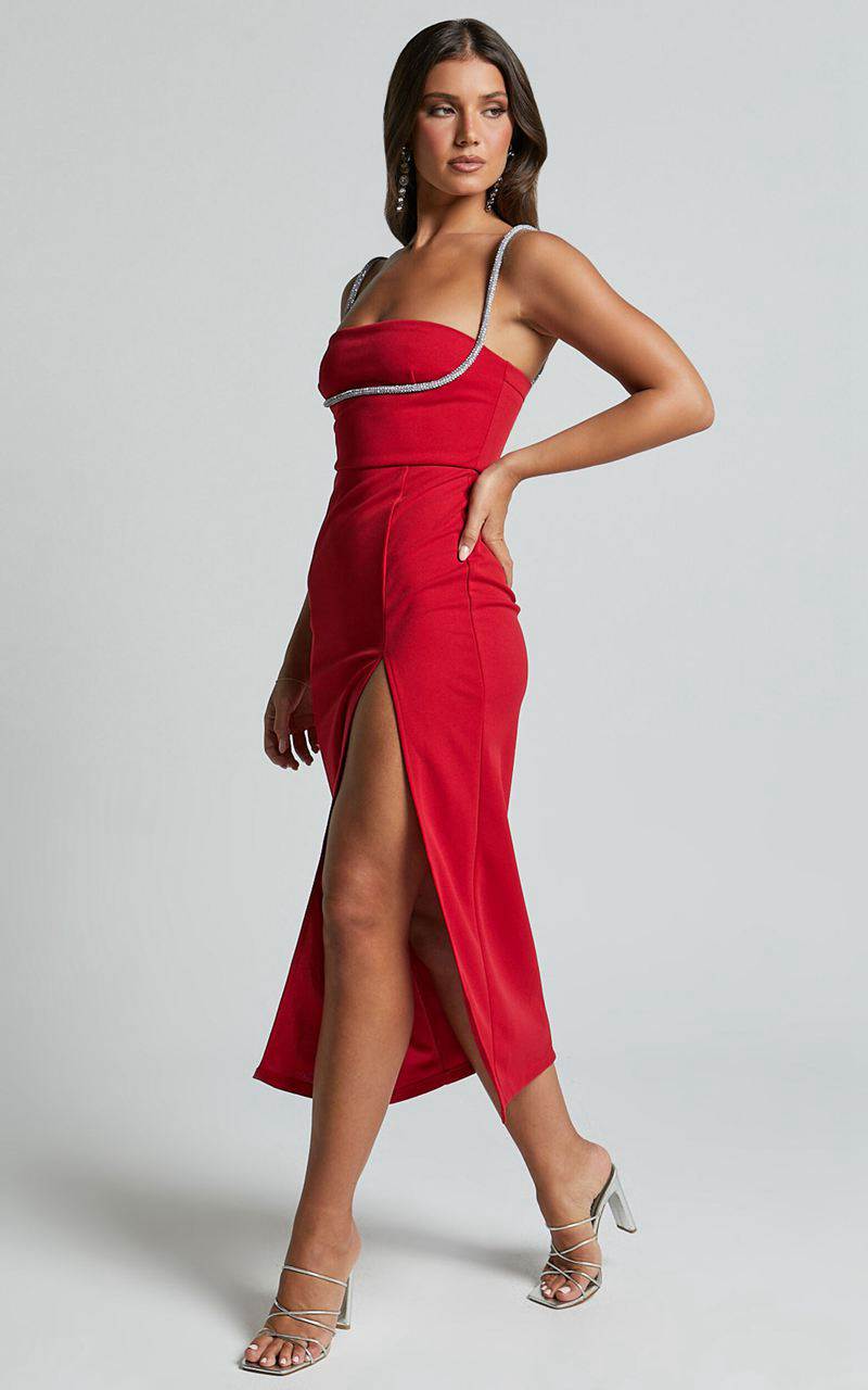 Showpo Sharley Midi Dress - Diamante Detail Pencil Dress Red | WDORGK275