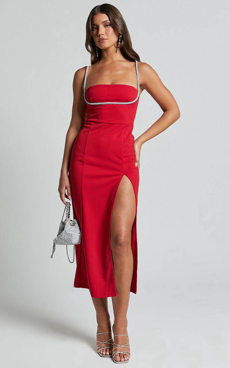 Showpo Sharley Midi Dress - Diamante Detail Pencil Dress Red | WDORGK275