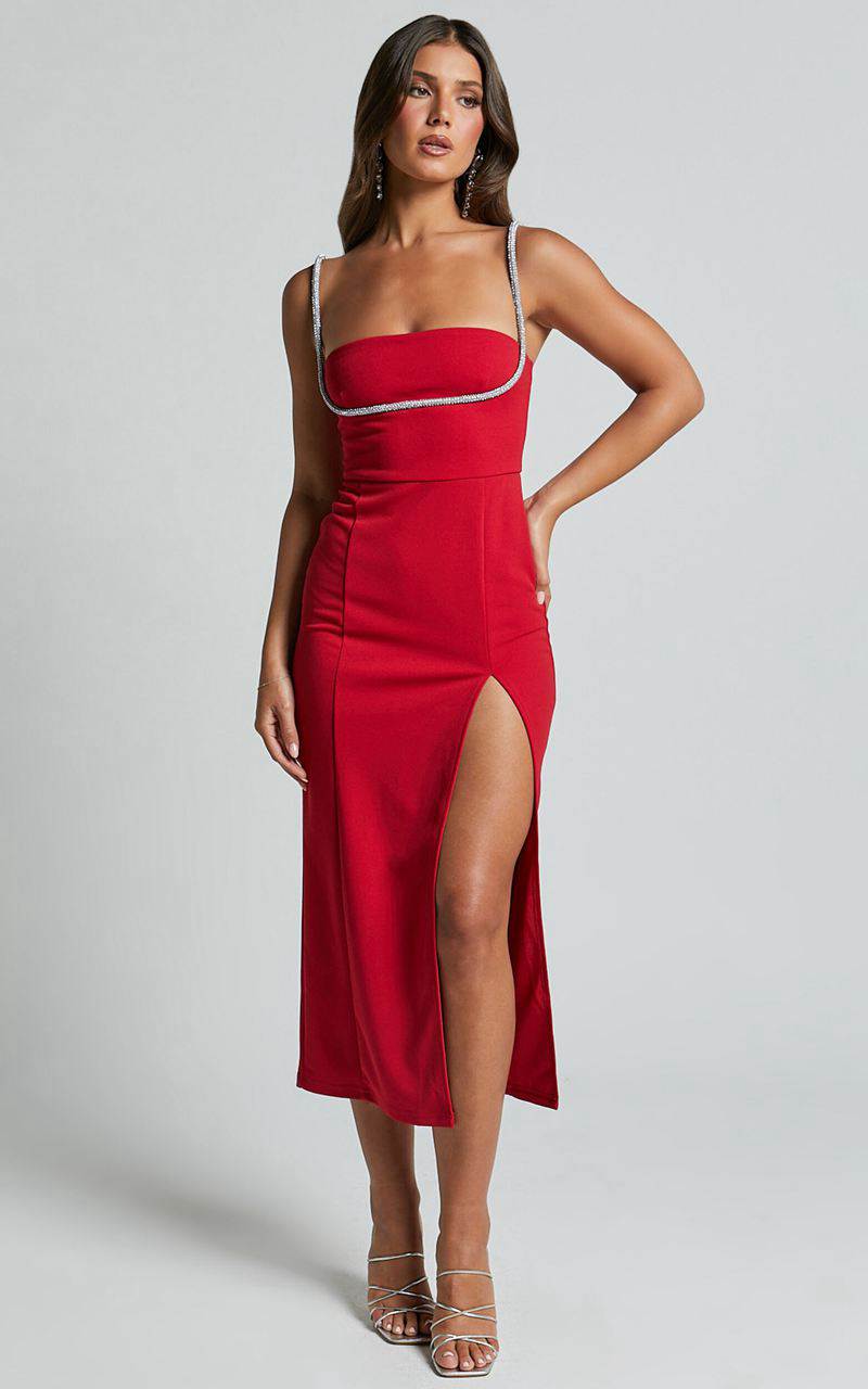 Showpo Sharley Midi Dress - Diamante Detail Pencil Dress Red | WDORGK275