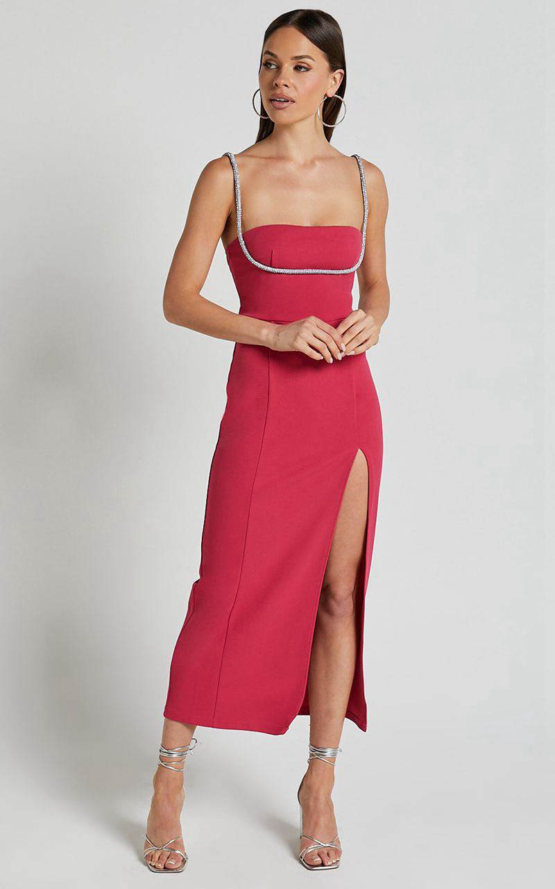 Showpo Sharley Midi Dress - Diamante Detail Pencil Dress Fuschia | XVPBKS845