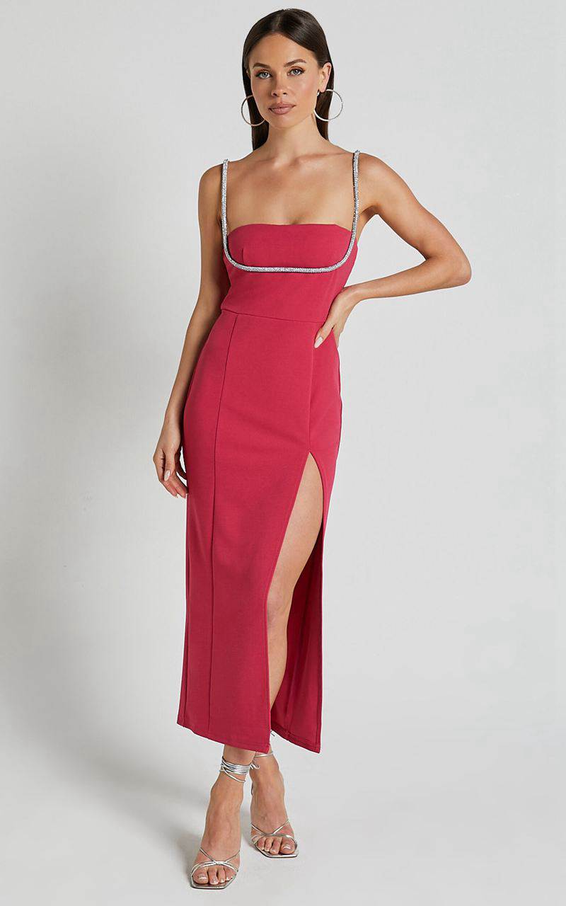 Showpo Sharley Midi Dress - Diamante Detail Pencil Dress Fuschia | XVPBKS845