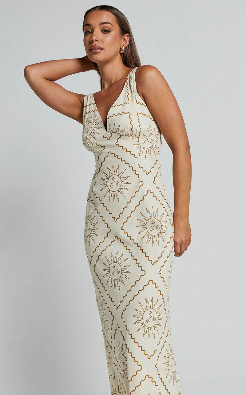 Showpo Sharlyn Midi Dress - Deep V Neck Sleeveless Slip Dress Beige Sun Print | PEWZVC719