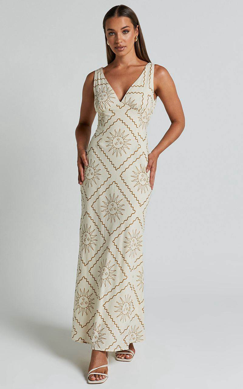 Showpo Sharlyn Midi Dress - Deep V Neck Sleeveless Slip Dress Beige Sun Print | PEWZVC719