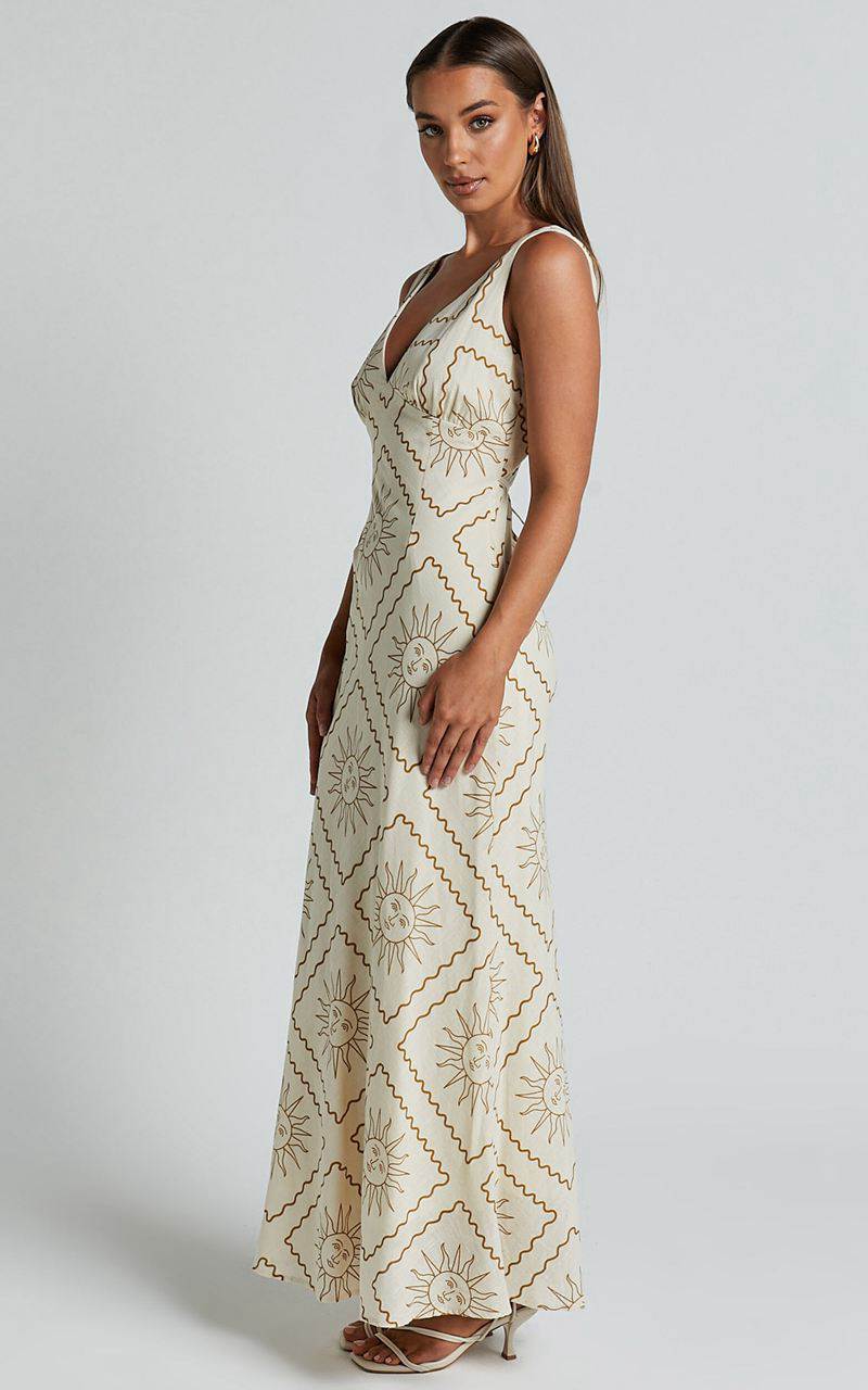 Showpo Sharlyn Midi Dress - Deep V Neck Sleeveless Slip Dress Beige Sun Print | PEWZVC719