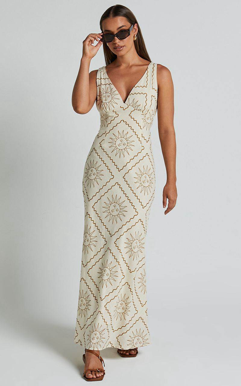 Showpo Sharlyn Midi Dress - Deep V Neck Sleeveless Slip Dress Beige Sun Print | PEWZVC719