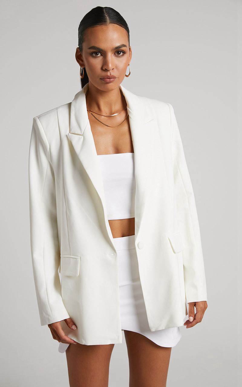 Showpo Sharmiel Blazer - Plunge Neck Oversized Longline Blazer Ivory | QVCMNL523