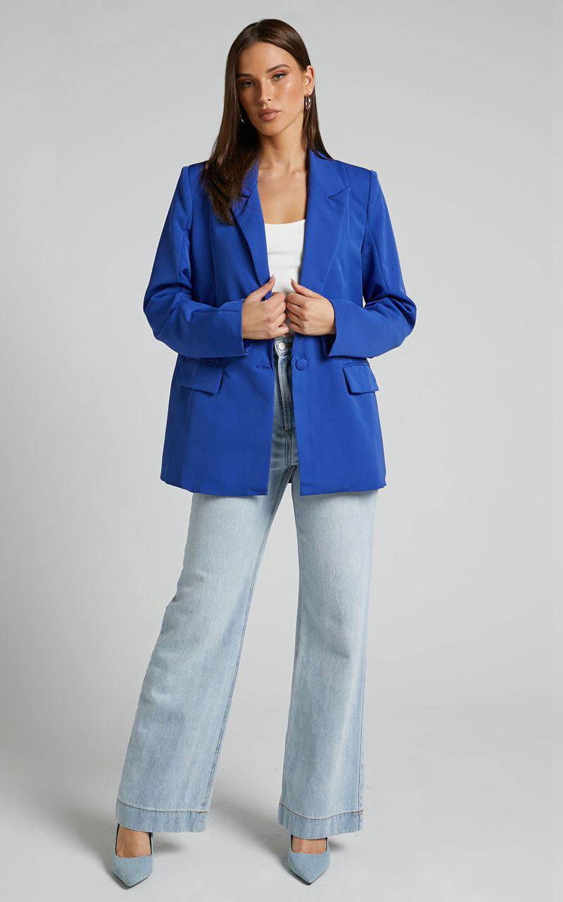 Showpo Sharmiel Blazer - Plunge Neck Oversized Longline Blazer Cobalt Blue | LAGIHV830