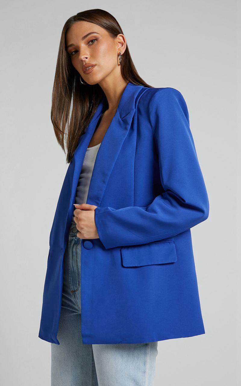 Showpo Sharmiel Blazer - Plunge Neck Oversized Longline Blazer Cobalt Blue | LAGIHV830