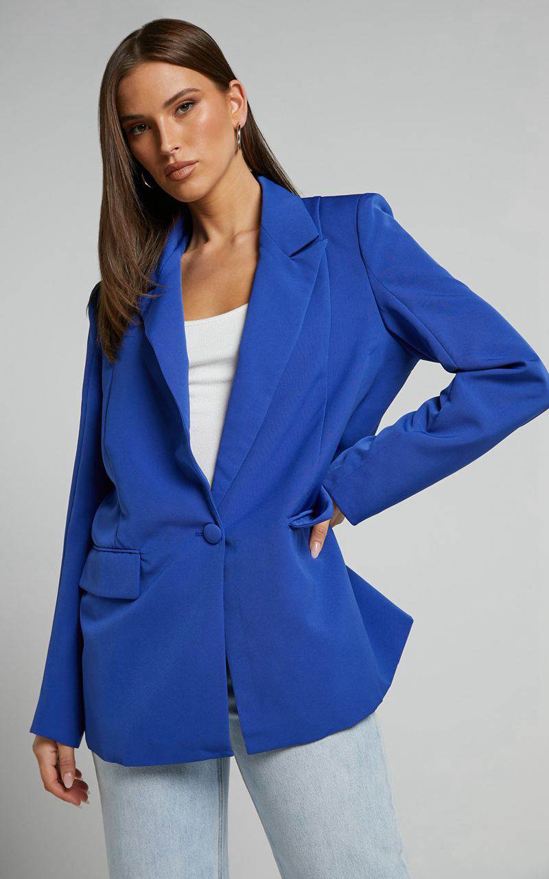 Showpo Sharmiel Blazer - Plunge Neck Oversized Longline Blazer Cobalt Blue | LAGIHV830