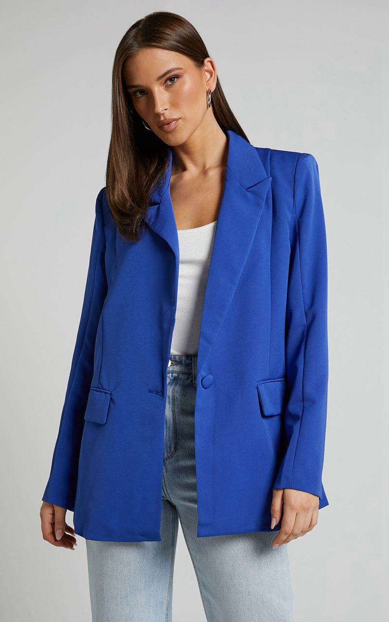 Showpo Sharmiel Blazer - Plunge Neck Oversized Longline Blazer Cobalt Blue | LAGIHV830