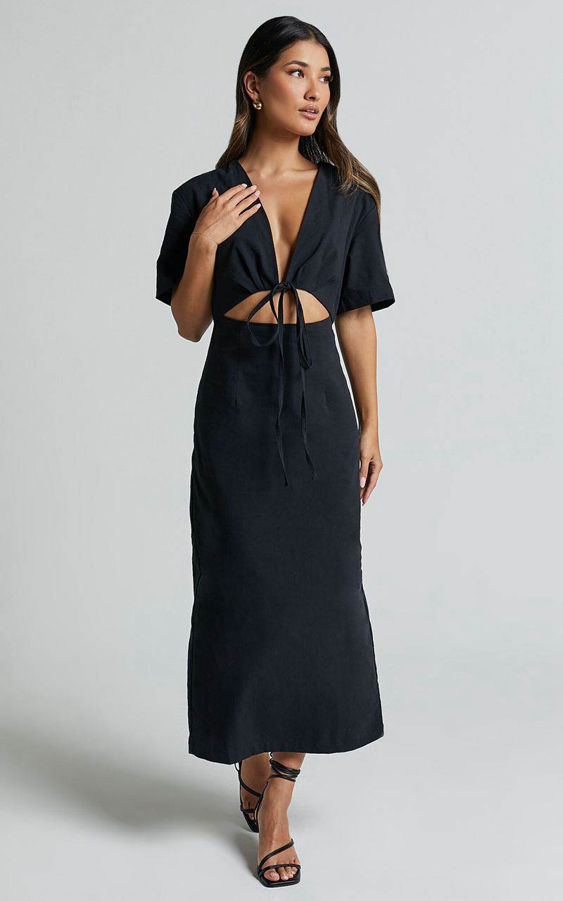 Showpo Sharon Midi Dress - Plunge Neck Short Sleeve Front Cut Out Dress Black | ALPNFO396